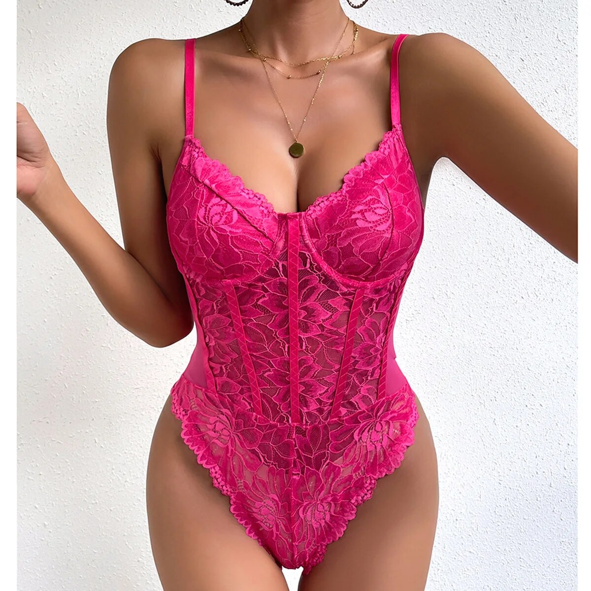 Deep-V Neck Lace Thong Bodysuit