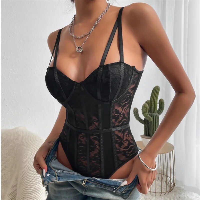 Deep-V Neck Lace Thong Bodysuit